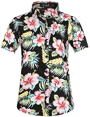 SSLR Camisa Manga Corta de Algodón Estampado de Flores Informal Estilo Hawaiano de Mujer (X-Small, Rojo Jamaica)