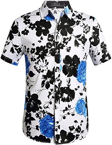 SSLR Camisa Playera Estilo Hawaiiana Floral Veraniega Manga Corta Casual para Hombre (Large, Blanco Azul)
