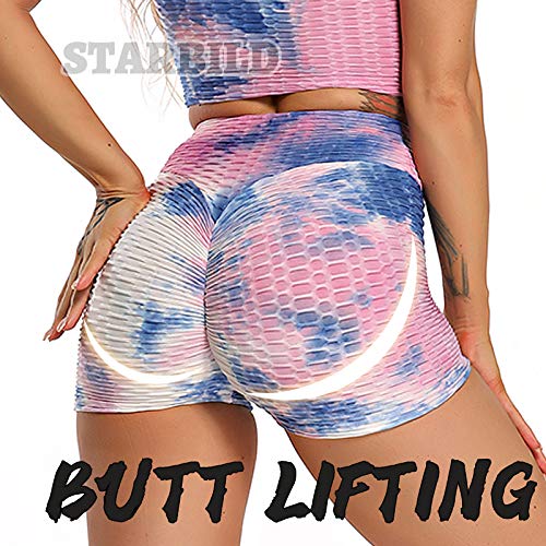 STARBILD Shorts de Fitness Moda Mallas Pántalones Cortos Deportivos de Skinny Elástico Alta Cintura para Mujer Yoga Gimnasio Azul+Rosa Small
