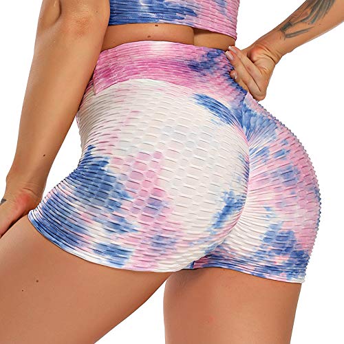 STARBILD Shorts de Fitness Moda Mallas Pántalones Cortos Deportivos de Skinny Elástico Alta Cintura para Mujer Yoga Gimnasio Azul+Rosa Small