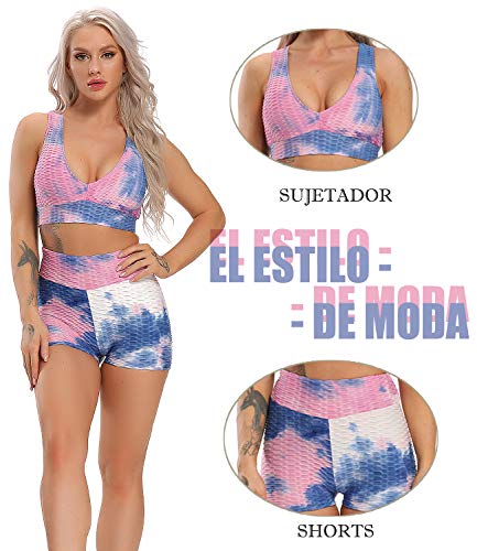 STARBILD Shorts de Fitness Moda Mallas Pántalones Cortos Deportivos de Skinny Elástico Alta Cintura para Mujer Yoga Gimnasio Azul+Rosa Small
