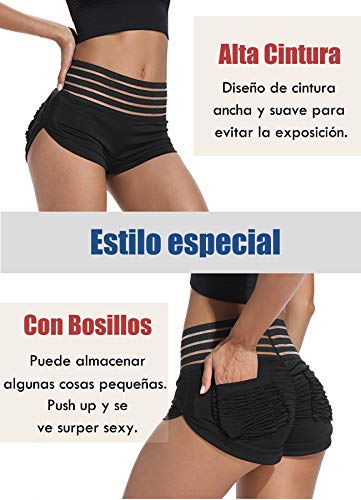 STARBILD Shorts Pantalones Cortos Deportivos Cintura Alta Elástica para Push UP Control de Barriga para Mujer Yoga Diario Correr Fitness Negro-1 XL