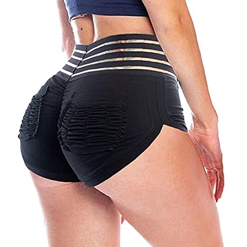 STARBILD Shorts Pantalones Cortos Deportivos Cintura Alta Elástica para Push UP Control de Barriga para Mujer Yoga Diario Correr Fitness Negro-1 XL