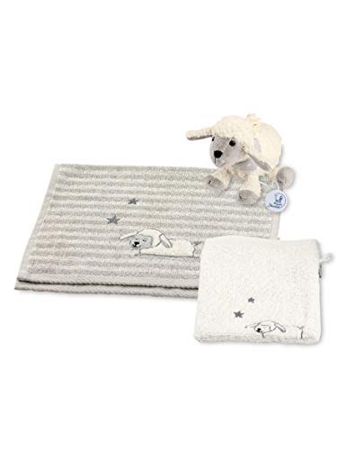 Sterntaler Set para regalo Oveja Stanley, Mini peluche musical, Guante de baño, Toallita infantil, Edad: A partir de 0 meses, Gris/Blanco