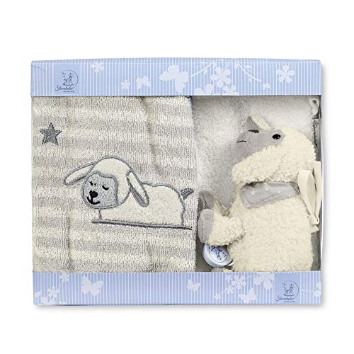 Sterntaler Set para regalo Oveja Stanley, Mini peluche musical, Guante de baño, Toallita infantil, Edad: A partir de 0 meses, Gris/Blanco