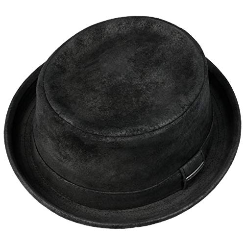Stetson Pennsylvania Pigskin Porkpie Sombrero de Cuero de Hombre - Sombrero de Cuero de porcino - Pork Pie con Forro - Fedora en Look Desgastado Verano/Invierno Negro XL (60-61 cm)