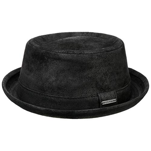 Stetson Pennsylvania Pigskin Porkpie Sombrero de Cuero de Hombre - Sombrero de Cuero de porcino - Pork Pie con Forro - Fedora en Look Desgastado Verano/Invierno Negro XL (60-61 cm)