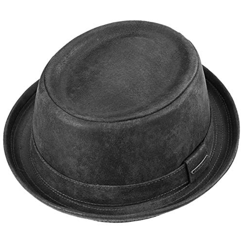 Stetson Pennsylvania Pigskin Porkpie Sombrero de Cuero de Hombre - Sombrero de Cuero de porcino - Pork Pie con Forro - Fedora en Look Desgastado Verano/Invierno Negro XL (60-61 cm)