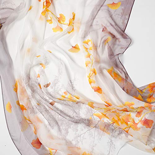 STORY OF SHANGHAI Bufanda de Seda Mujer 100% Seda Estampado Floral Colorido Gran Bufanda Mantón Ultraligero Transpirable Elegante,Hoja de Arce Amarillo,175 * 100 cm