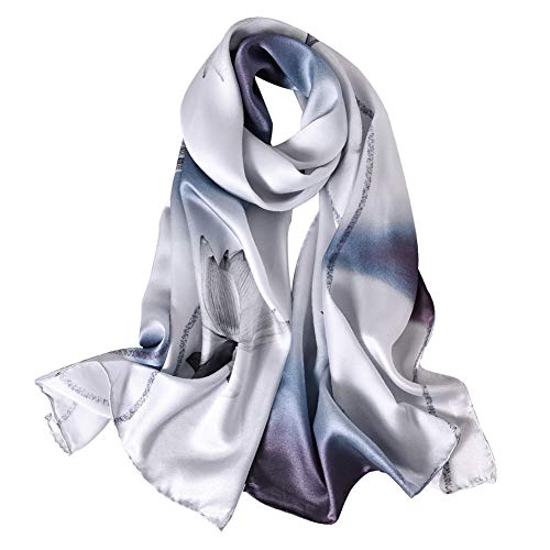 STORY OF SHANGHAI Bufandas de 100% Seda Flores Pañuelo de Morera Grande Mujer Chal Wraps Estolas Madre y Regalos Alta 170cm*55cm,Flor de Loto Gris 2