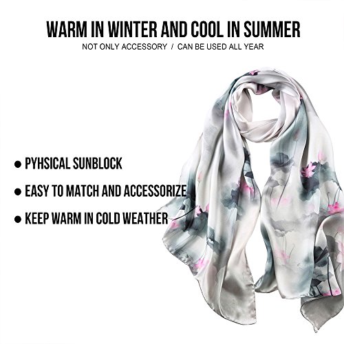 STORY OF SHANGHAI Bufandas de 100% Seda Flores Pañuelo de Morera Grande Mujer Chal Wraps Estolas Madre y Regalos Alta 170cm*55cm,Flor de Loto Gris