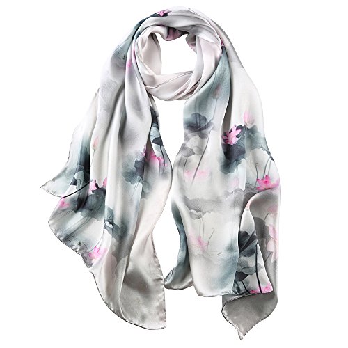 STORY OF SHANGHAI Bufandas de 100% Seda Flores Pañuelo de Morera Grande Mujer Chal Wraps Estolas Madre y Regalos Alta 170cm*55cm,Flor de Loto Gris