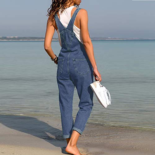 STRIR Mujer Mono Vaquero con Bolsillo Casual Jeans Pantalones de Peto Demin Largo 2019 Nuevo (L, Azul)