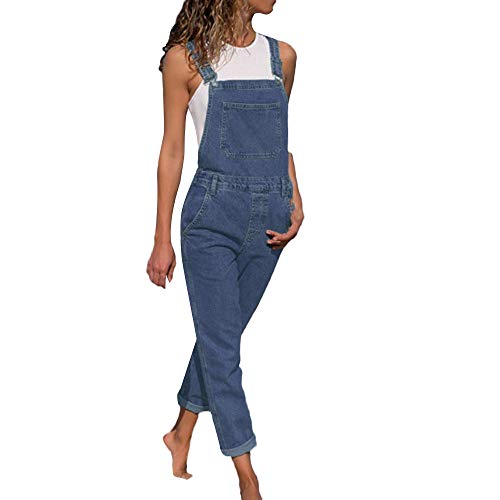 STRIR Mujer Mono Vaquero con Bolsillo Casual Jeans Pantalones de Peto Demin Largo 2019 Nuevo (L, Azul)
