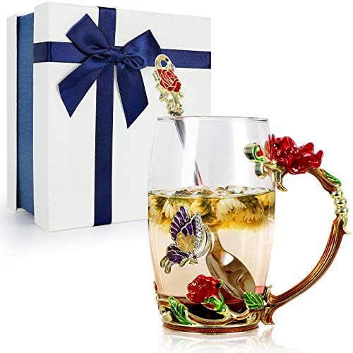 STRMZD Taza de té de flores, Taza transparente de esmalte sin plomo, Taza de café de vidrio con cuchara de acero, Niña hermana, madre, día de San Valentín, Navidad, Regalos personalizados para mujeres