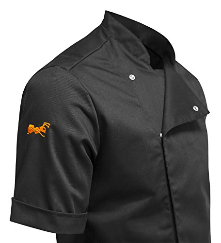 strongAnt® - Chaqueta Cocinero de Manga Corta. Uniforme de Chef Hombre. Ropa de Cocina. Tela de algodón/Tencel - Estilo Delgado, Ajuste Delgado - Hecho en EU - Noir XL