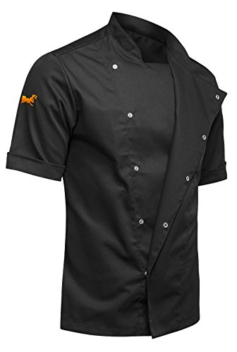 strongAnt® - Chaqueta Cocinero de Manga Corta. Uniforme de Chef Hombre. Ropa de Cocina. Tela de algodón/Tencel - Estilo Delgado, Ajuste Delgado - Hecho en EU - Noir XL