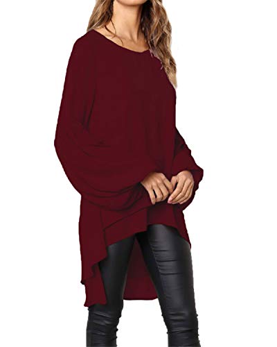 Style Dome Blusa Mujer Tops de Manga Larga Cuello Redondo con Volantess Camisa Suelta Túnica Jersey Vino Rojo XL