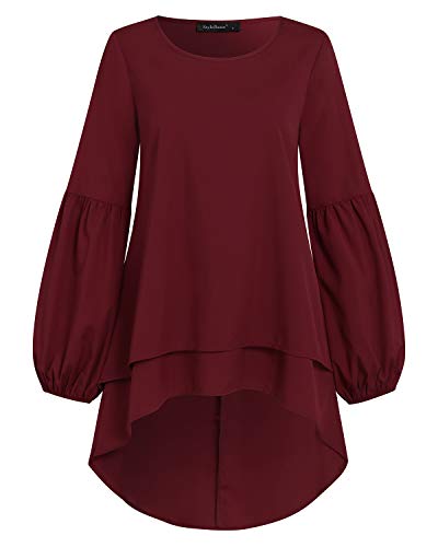 Style Dome Blusa Mujer Tops de Manga Larga Cuello Redondo con Volantess Camisa Suelta Túnica Jersey Vino Rojo XL