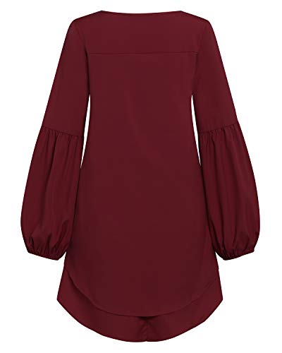 Style Dome Blusa Mujer Tops de Manga Larga Cuello Redondo con Volantess Camisa Suelta Túnica Jersey Vino Rojo XL