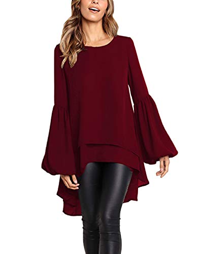 Style Dome Blusa Mujer Tops de Manga Larga Cuello Redondo con Volantess Camisa Suelta Túnica Jersey Vino Rojo XL