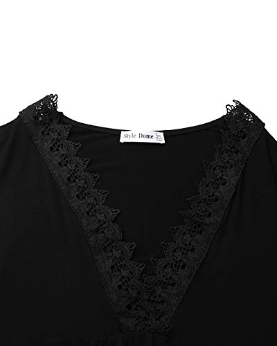 Style Dome Camisetas Manga Larga Mujer Atractivas del Cuello en V Cordones De La Túnica De Manga Larga Blusas Elegante Camisetas Otoño 2-Negro L