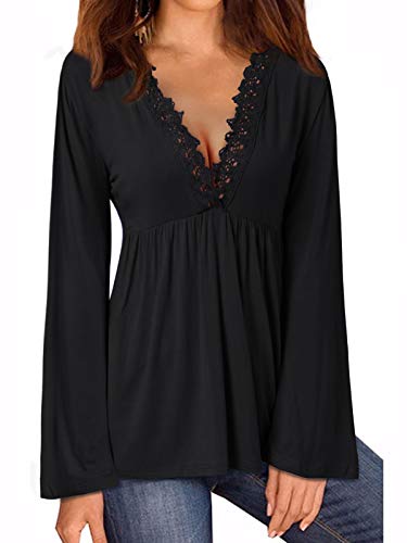 Style Dome Camisetas Manga Larga Mujer Atractivas del Cuello en V Cordones De La Túnica De Manga Larga Blusas Elegante Camisetas Otoño 2-Negro L