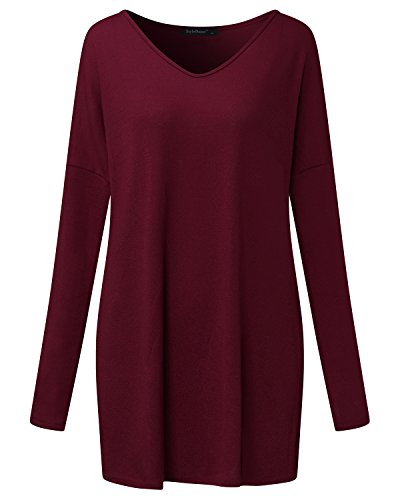 Style Dome Jerseys Mujer Largos Cuello V Manga Sudadera Casual Tops Blusa Camiseta Pull-Over Suéter Burdeos M