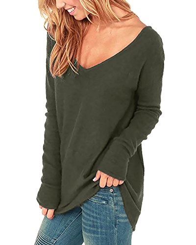 Style Dome Jerseys Mujer Largos Cuello V Manga Sudadera Casual Tops Blusa Camiseta Pull-Over Suéter Verde Militar M