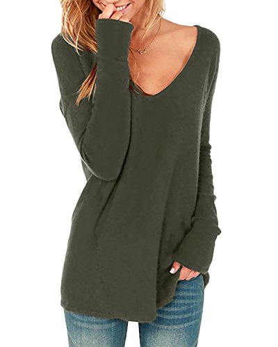 Style Dome Jerseys Mujer Largos Cuello V Manga Sudadera Casual Tops Blusa Camiseta Pull-Over Suéter Verde Militar S