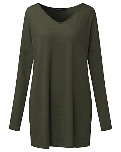Style Dome Jerseys Mujer Largos Cuello V Manga Sudadera Casual Tops Blusa Camiseta Pull-Over Suéter Verde Militar XXL