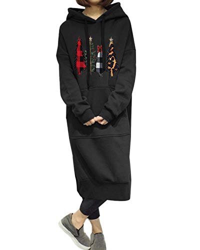 Style Dome Sudaderas con Capucha para Mujer Manga Larga Vestidos Sudadera Navidad Largas Tallas Grandes Jersey Pullover Manga Larga Vestido para Navidad Otoño Invierno 004-Negro M