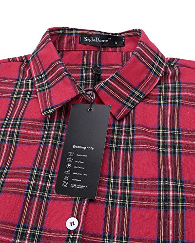 Style Dome Vestido Mujer Camisa Blusa a Cuadros Cinta Elegante Fiesta Mangas Largas Cóctel Noche Rojo S