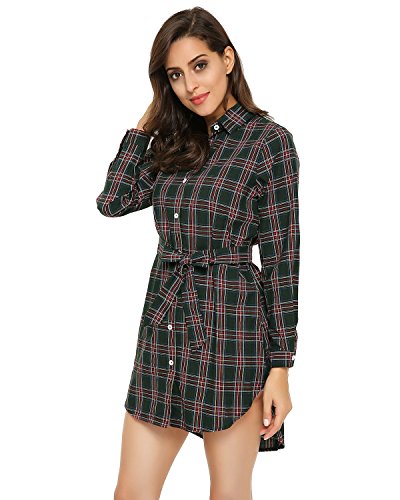 Style Dome Vestido Mujer Camisa Blusa a Cuadros Cinta Elegante Fiesta Mangas Largas Cóctel Noche Verde 2XL