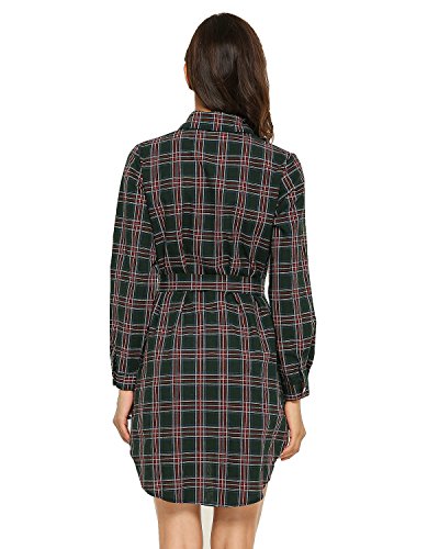 Style Dome Vestido Mujer Camisa Blusa a Cuadros Cinta Elegante Fiesta Mangas Largas Cóctel Noche Verde 2XL