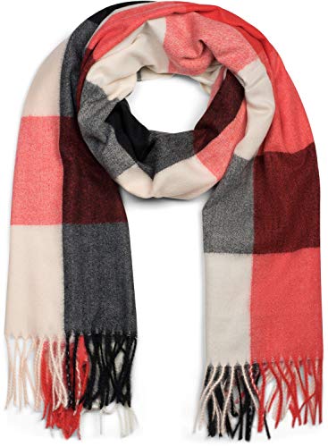 styleBREAKER Bufanda de cuadros escoceses suaves unisex con largos flecos, a cuadros, de invierno, robada 01017110, color:Rojo-negro-blanco