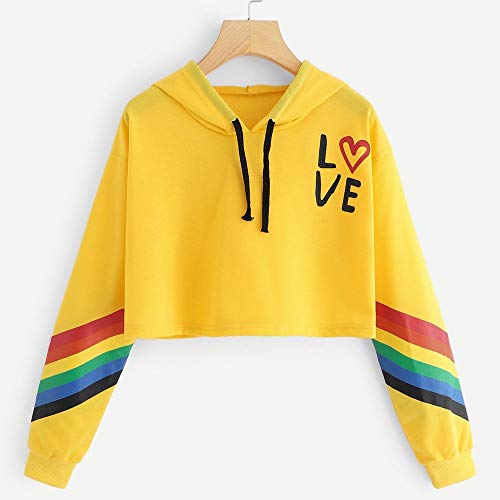 Sudadera con Capucha Cortas para Mujer Adolescentes Chicas Estampado Arco irs Manga Larga Tops Patchwork Suéter Mujer Otoño-Invierno Camiseta Hoodie Pullover riou