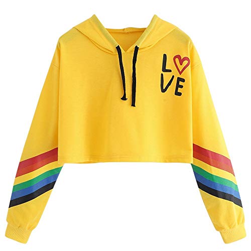 Sudadera con Capucha Cortas para Mujer Adolescentes Chicas Estampado Arco irs Manga Larga Tops Patchwork Suéter Mujer Otoño-Invierno Camiseta Hoodie Pullover riou