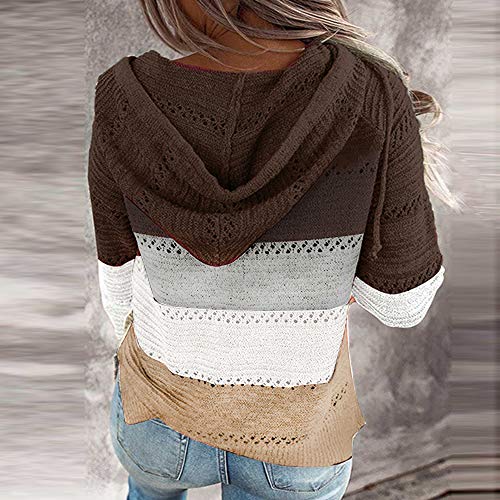 Sudadera con Capucha de Punto con Cremallera Frontal para Mujer Suéter Informal de Manga Larga con Raya ahuecada Sudadera con Capucha (Marron, S)