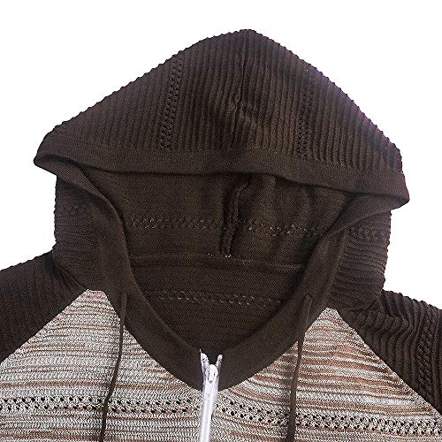 Sudadera con Capucha de Punto con Cremallera Frontal para Mujer Suéter Informal de Manga Larga con Raya ahuecada Sudadera con Capucha (Marron, S)