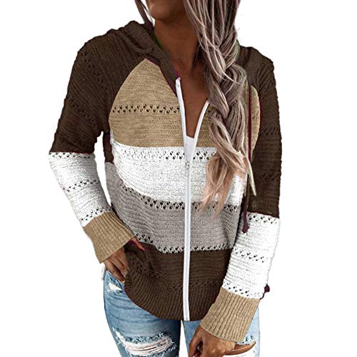 Sudadera con Capucha de Punto con Cremallera Frontal para Mujer Suéter Informal de Manga Larga con Raya ahuecada Sudadera con Capucha (Marron, S)