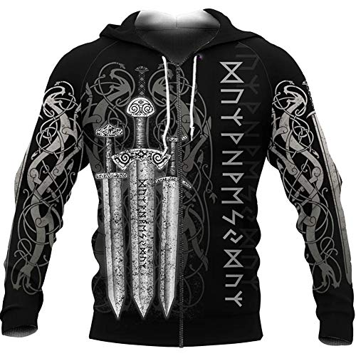 Sudadera con Capucha y Cremallera Para Hombre Estampado Digital 3D Viking Odin Realistic Tattoo Runes Sudadera Ligera, Vintage Harajuku Manga Larga Bolsillos Celtic Pagan Casual Chándal,Zip white,L