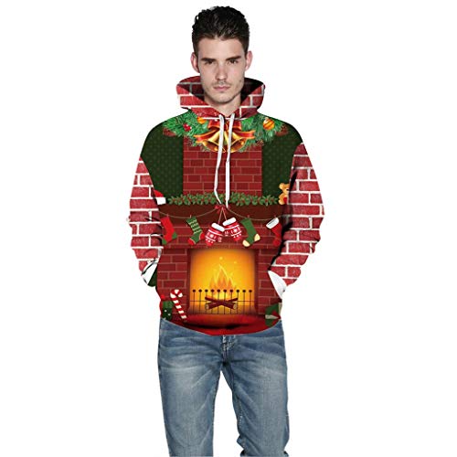 Sudadera con Capucha y Estampado Digital, Fresco Unisex de Manga Larga Sudadera 3D Digital Print Chimenea de Navidad Patrón de La Moda de La Personalidad Outwear Grandes Bolsillos