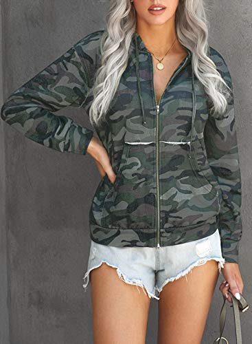 Sudadera de manga larga con cremallera para mujer con estampado de camuflaje y cremallera y cordón de camuflaje, blusa con capucha, sudadera con capucha