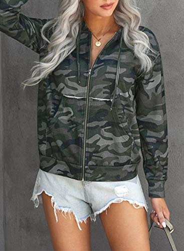 Sudadera de manga larga con cremallera para mujer con estampado de camuflaje y cremallera y cordón de camuflaje, blusa con capucha, sudadera con capucha