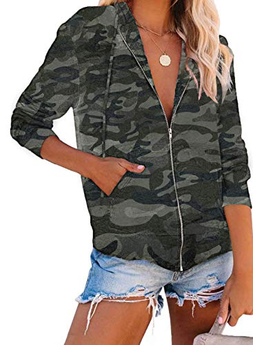 Sudadera de manga larga con cremallera para mujer con estampado de camuflaje y cremallera y cordón de camuflaje, blusa con capucha, sudadera con capucha