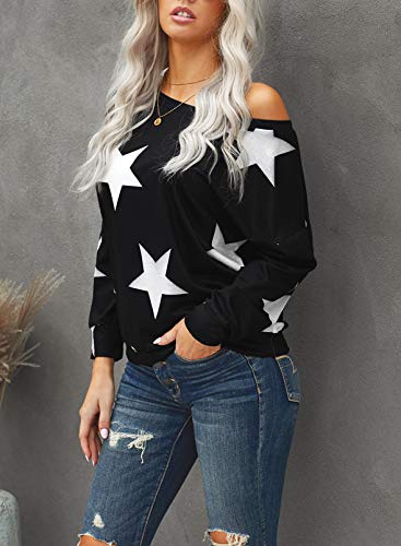 Sudadera de manga larga con cuello redondo para mujer, acogedora, casual, suelta, con estampado de estrellas de cinco puntas, sin hombros, blusa de un hombro, blusa de jersey de túnica