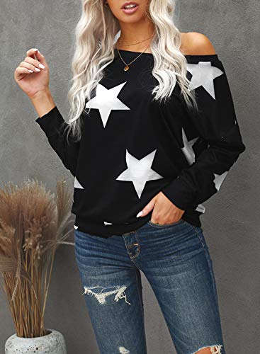 Sudadera de manga larga con cuello redondo para mujer, acogedora, casual, suelta, con estampado de estrellas de cinco puntas, sin hombros, blusa de un hombro, blusa de jersey de túnica