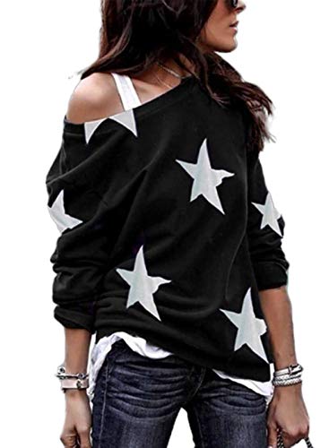 Sudadera de manga larga con cuello redondo para mujer, acogedora, casual, suelta, con estampado de estrellas de cinco puntas, sin hombros, blusa de un hombro, blusa de jersey de túnica