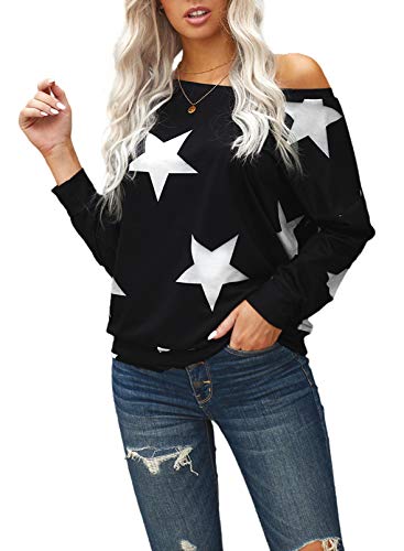 Sudadera de manga larga con cuello redondo para mujer, acogedora, casual, suelta, con estampado de estrellas de cinco puntas, sin hombros, blusa de un hombro, blusa de jersey de túnica